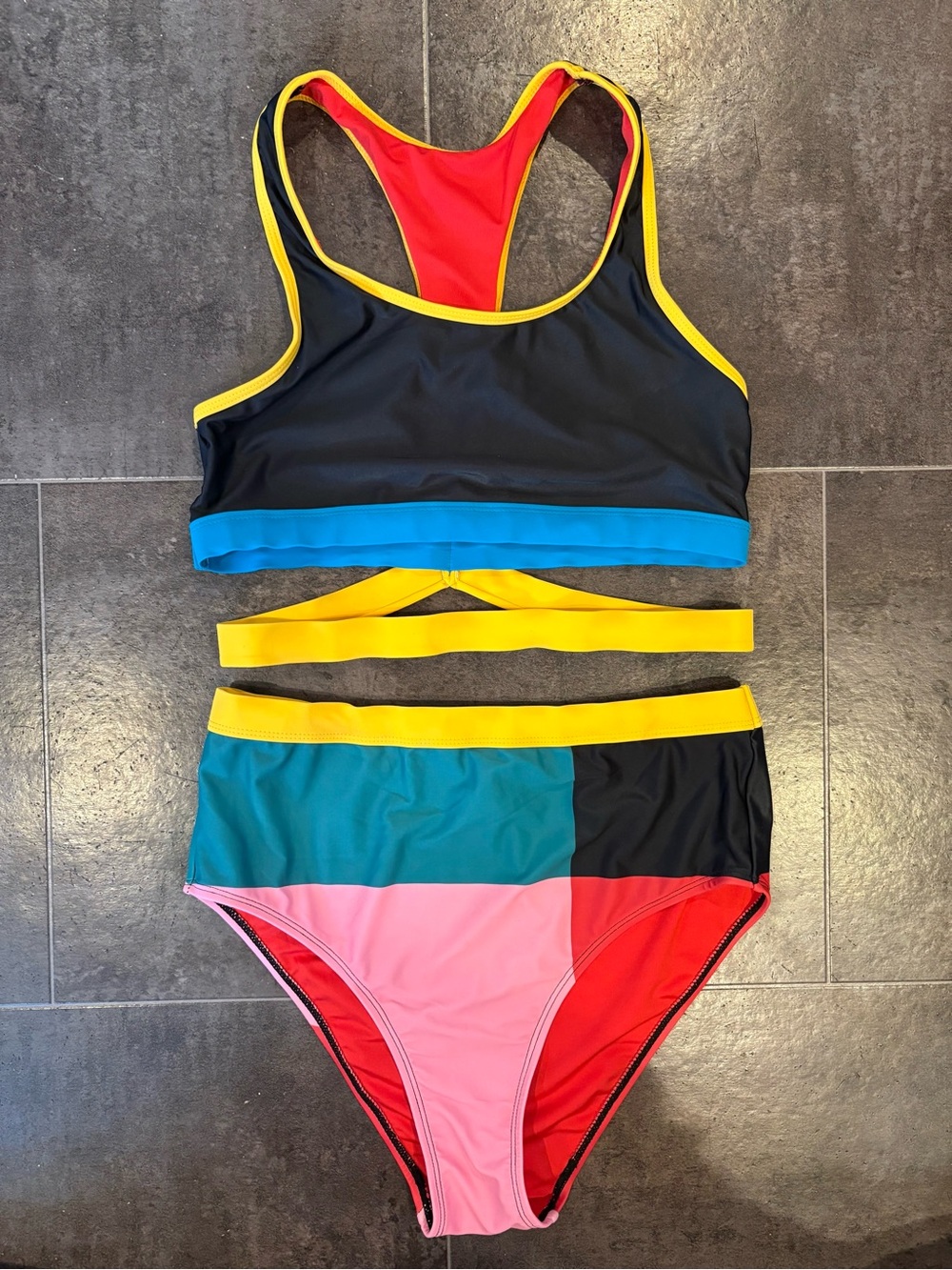Colorblock High-Waist Swim Set with Racerback Top - Multicolor